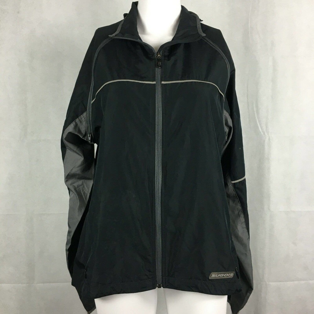Sugoi Windbreaker Jacket Womens‎ Sz L Black Full Zip Athletic 3M Scotchlite
